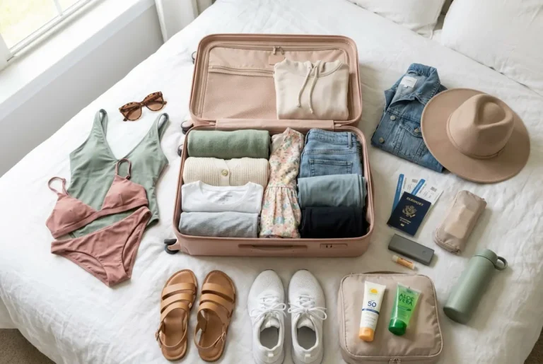 Complete spring break packing list flatlay showing organized suitcase with clothes, swimsuits, shoes, sunscreen, passport, and travel essentials