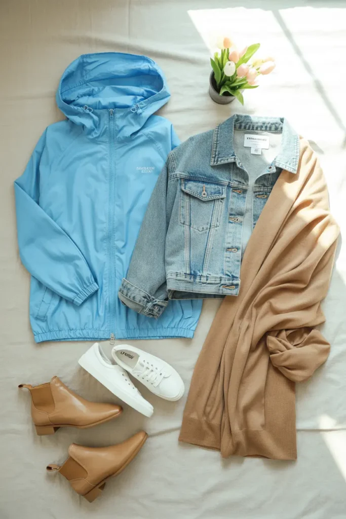 Flat lay of spring travel layering essentials including packable windbreaker, denim jacket, cashmere cardigan, and ankle boots