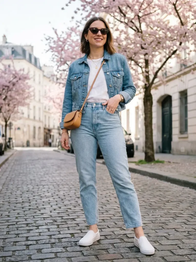Woman wearing spring travel outfit with denim jacket, white sneakers, and crossbody bag on cobblestone European street
