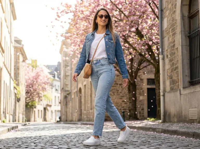 Woman in spring travel outfit wearing open denim jacket, white tee, and slip-on sneakers walking on European cobblestone street with cherry blossoms