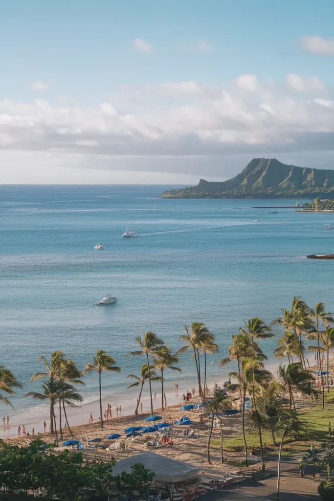 Aerial view of Waikiki Beach with palm trees, boats, and Diamond Head in the distance