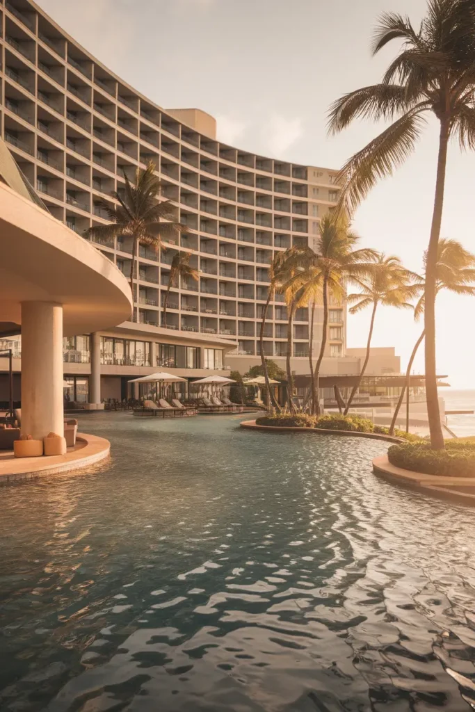 Resort pool and ocean view at a Waikiki hotel in Oahu