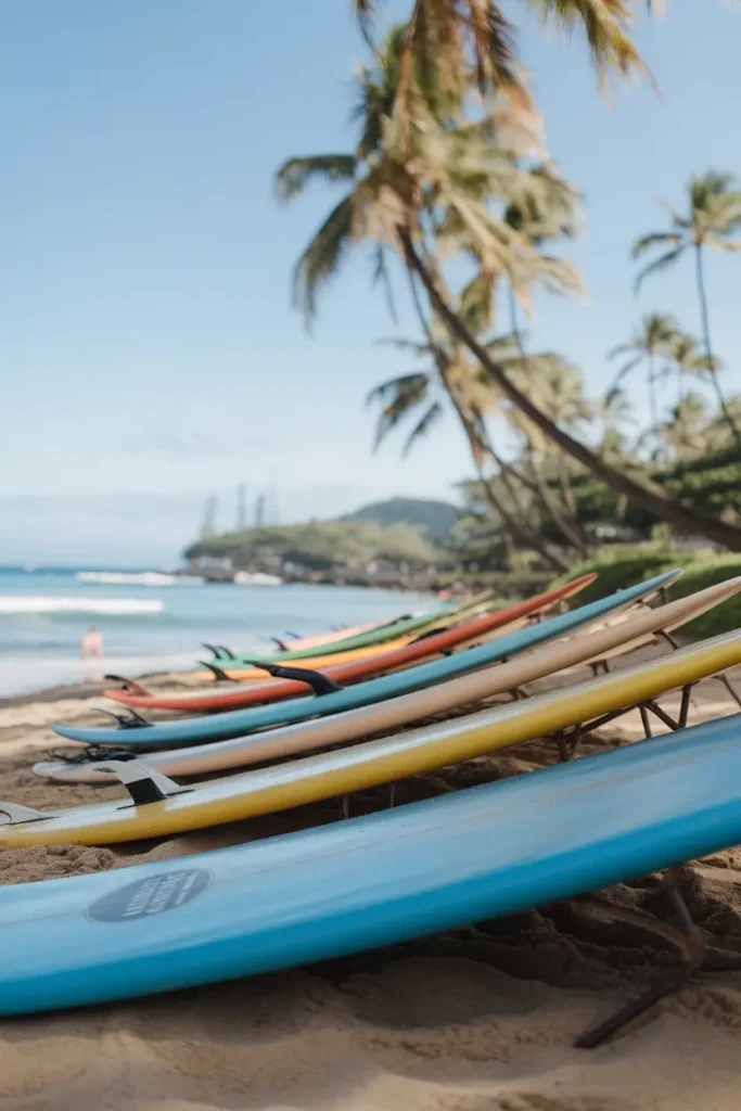 Surfboards lined up on Waikiki Beach, Oahu