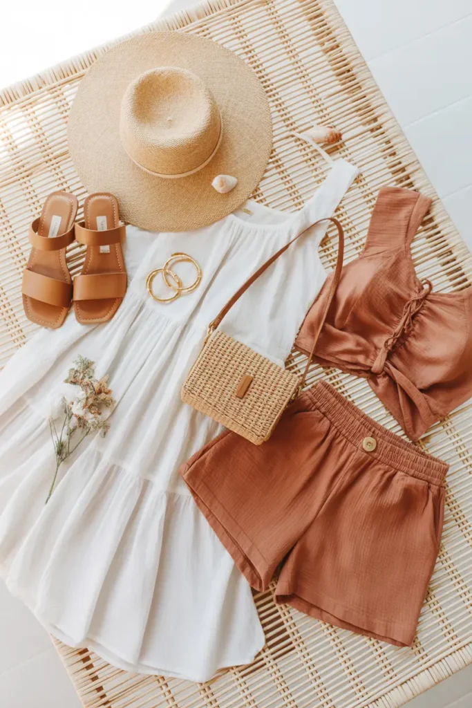 Flat lay of warm spring travel outfit capsule including linen sundress, straw hat, tan sandals, and raffia crossbody bag for beach vacation