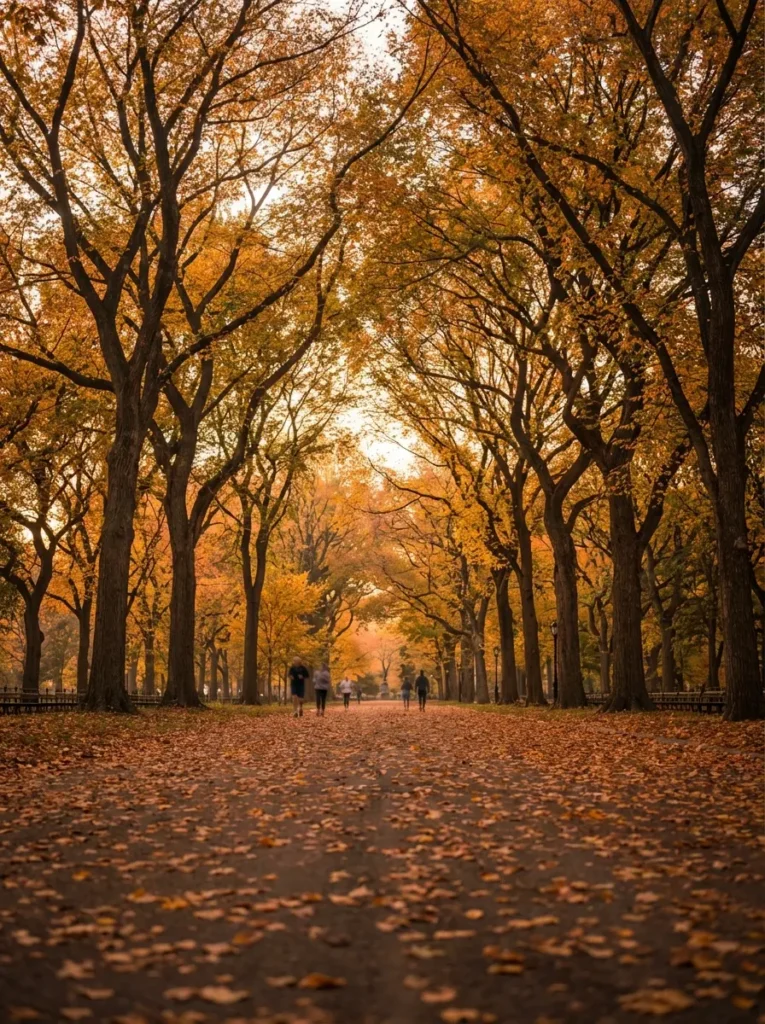 Central Park in autumn with golden foliage along the Mall pathway, best time to visit New York City