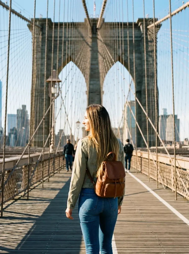 Woman walking across Brooklyn Bridge toward Manhattan skyline, New York City sightseeing guide