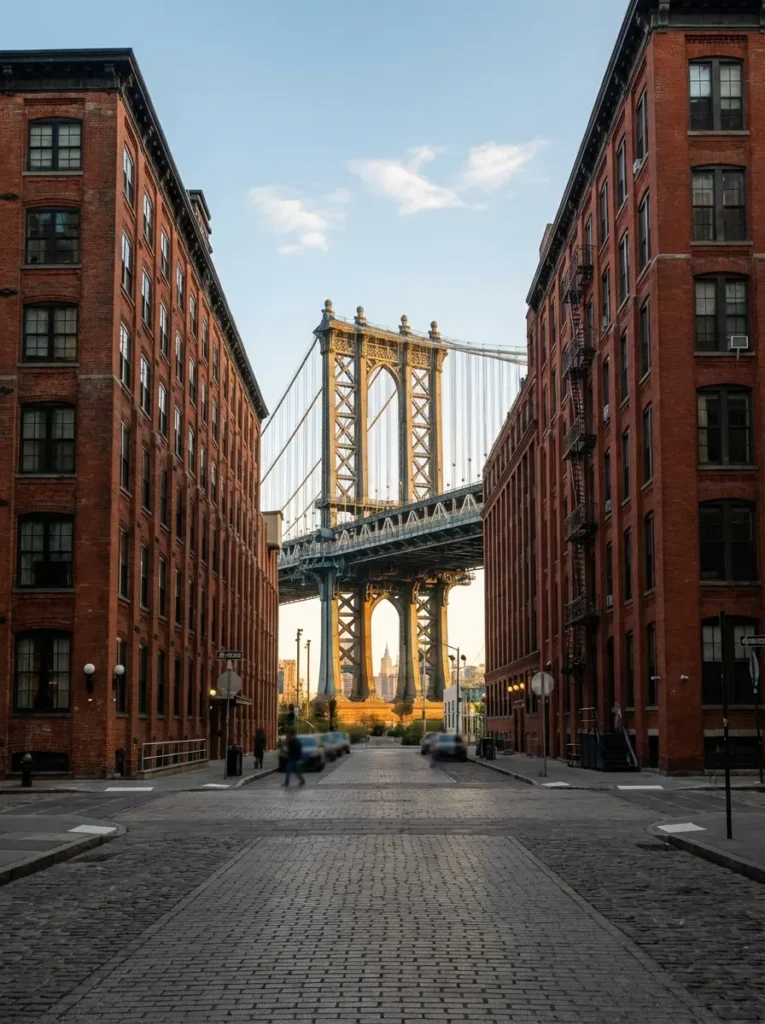 Iconic DUMBO Brooklyn view of Brooklyn Bridge perfectly framed between red brick buildings on Washington Street, New York City photography spots