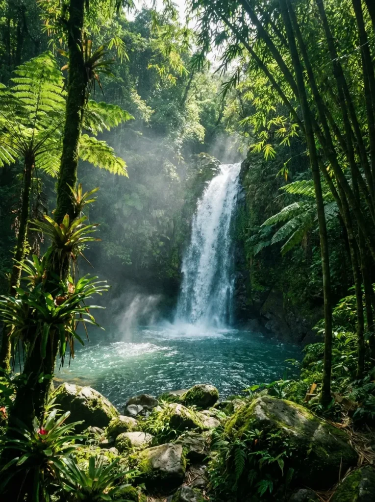 Tropical waterfall in El Yunque National Forest Puerto Rico surrounded by lush emerald rainforest