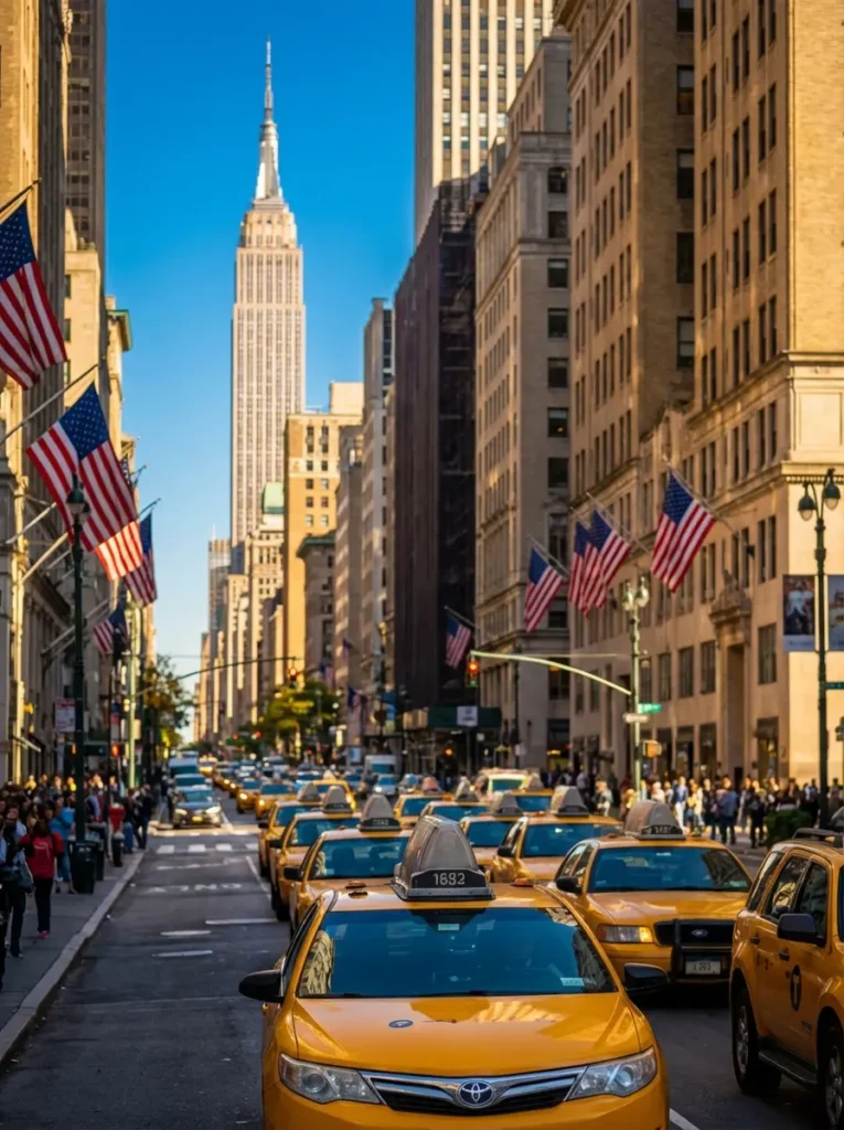 Yellow taxis on 5th Avenue with Empire State Building in background, New York City street photography