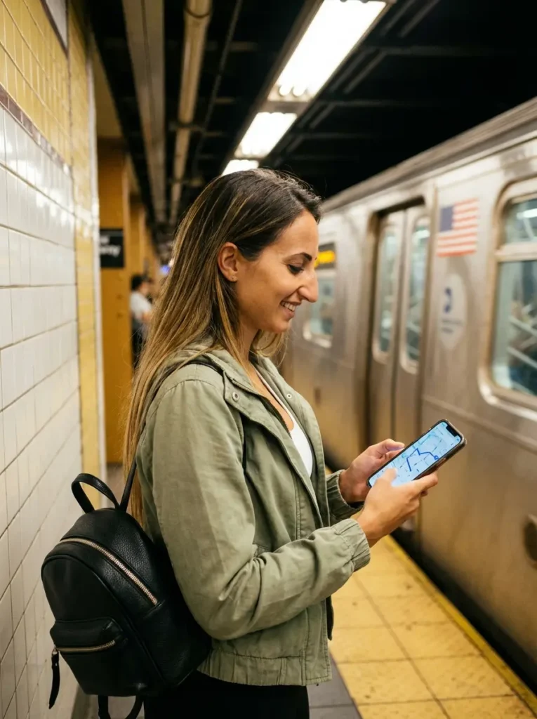 Woman using phone for navigation on New York City subway platform, NYC subway travel tips for tourists