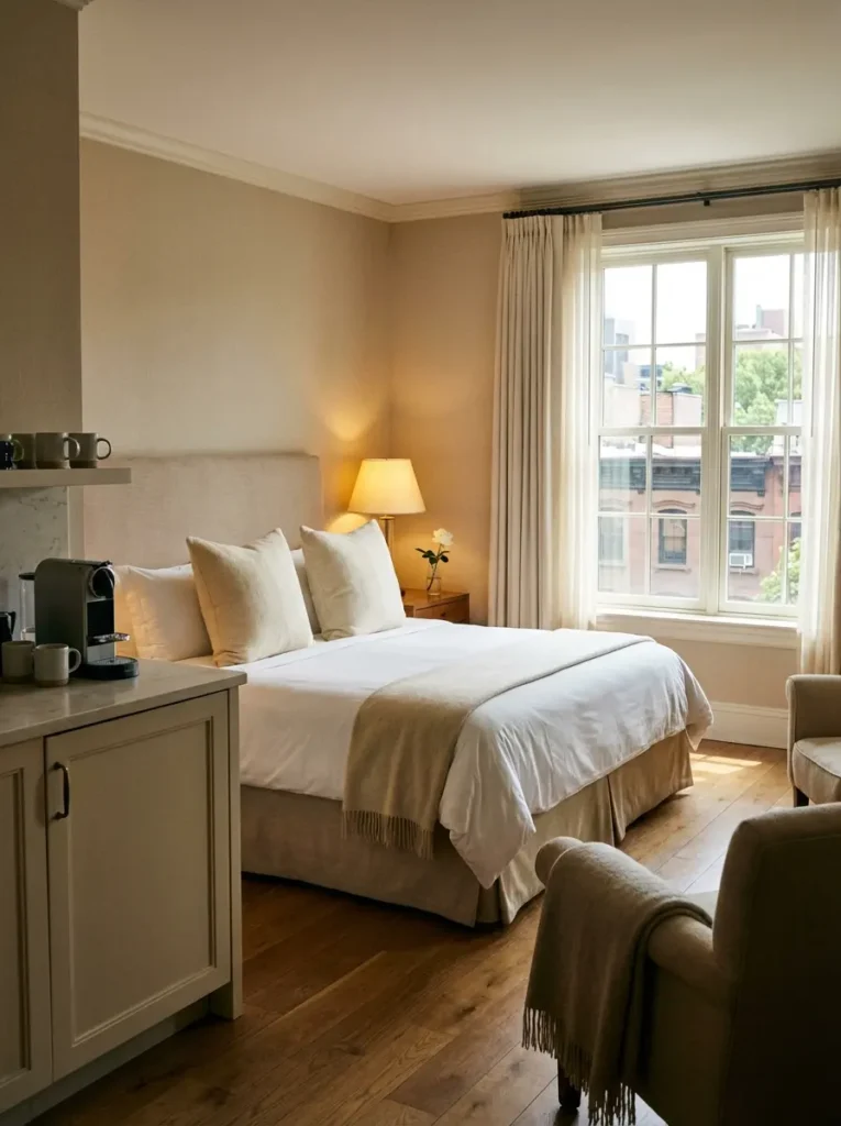 Elegant hotel room interior with large window and NYC rooftop views, where to stay in New York City Upper West Side