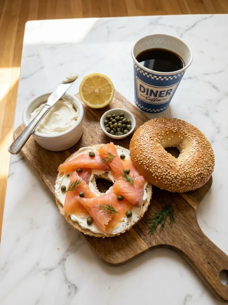 New York City bagel with lox cream cheese and capers flat lay overhead, where to eat in NYC travel guide