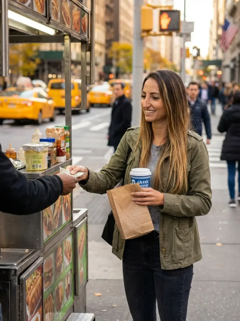 Woman buying street food from NYC cart on Manhattan sidewalk, budget travel tips for New York City