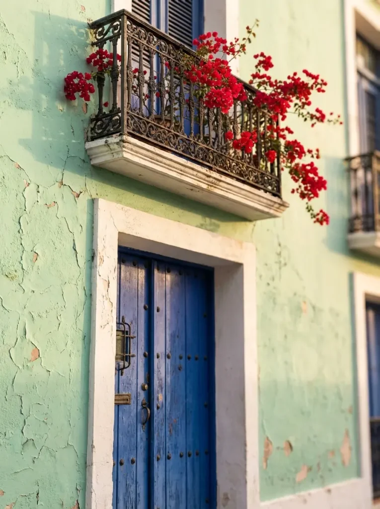 Blue wooden colonial door set in a mint green wall with bougainvillea in Old San Juan Puerto Rico