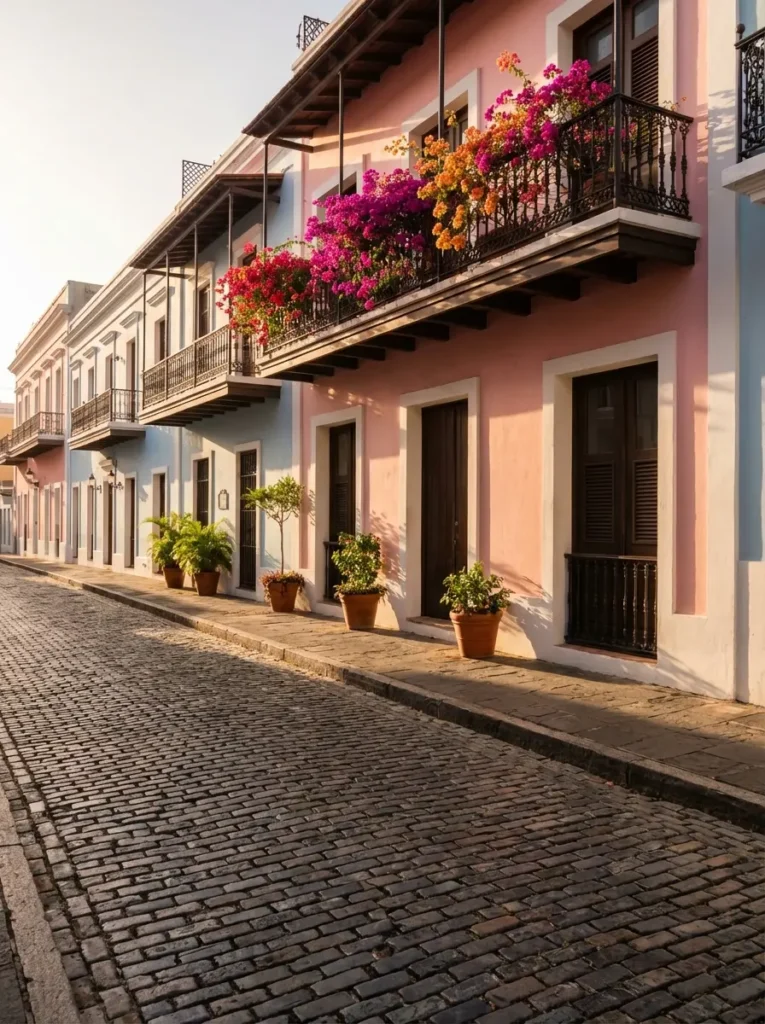 Colorful pastel buildings with bougainvillea on a cobblestone street in Old San Juan Puerto Rico. That is the Puerto Rico aesthetic
