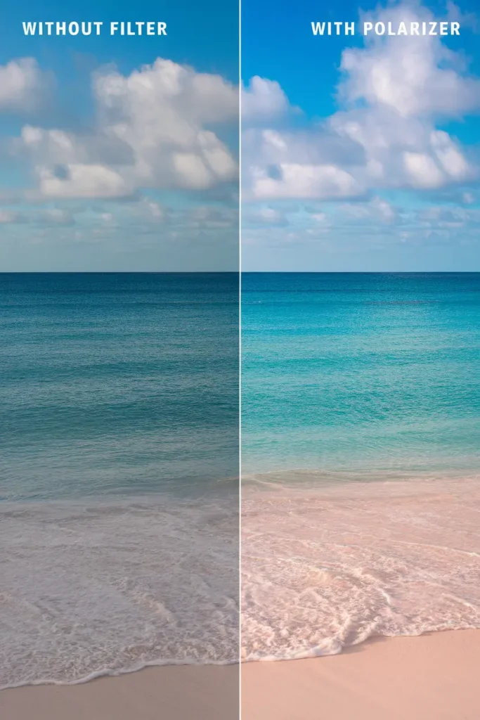 Before and after comparison showing polarizing filter effect on Caribbean ocean water photography