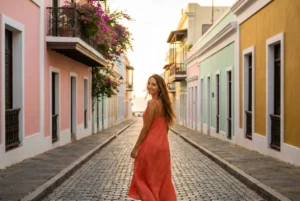 Woman in coral dress on a cobblestone street in Old San Juan Puerto Rico at golden hour