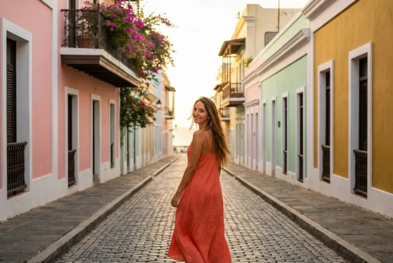 Woman in coral dress on a cobblestone street in Old San Juan Puerto Rico at golden hour