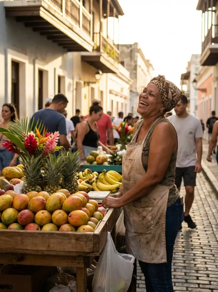 Candid street photography of a local vendor at an outdoor market in Puerto Rico