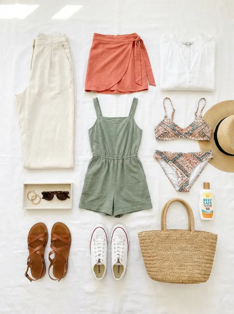 Puerto Rico vacation capsule wardrobe flat lay with linen outfits sandals and beach accessories