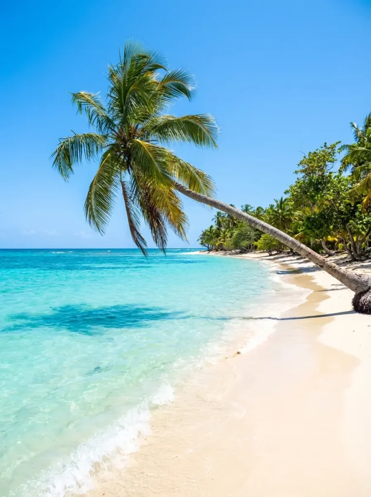 Turquoise ocean water and white sand beach in Puerto Rico on a clear sunny day