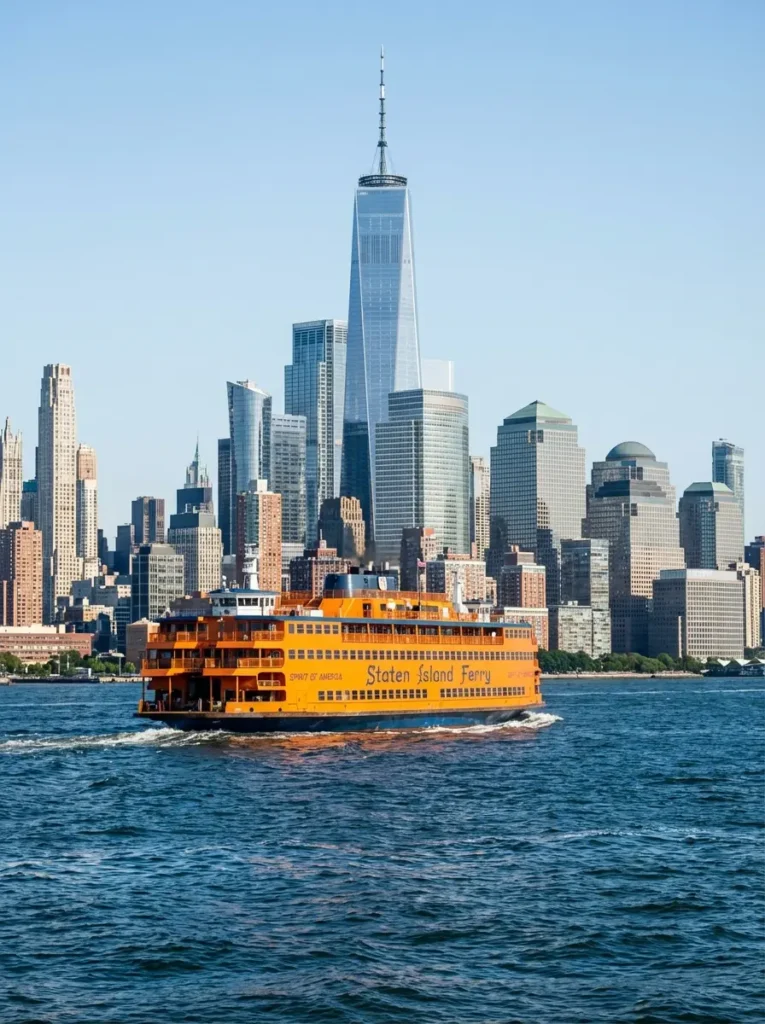 Orange Staten Island Ferry on New York Harbor with lower Manhattan skyline and One World Trade Center, free things to do in NYC
