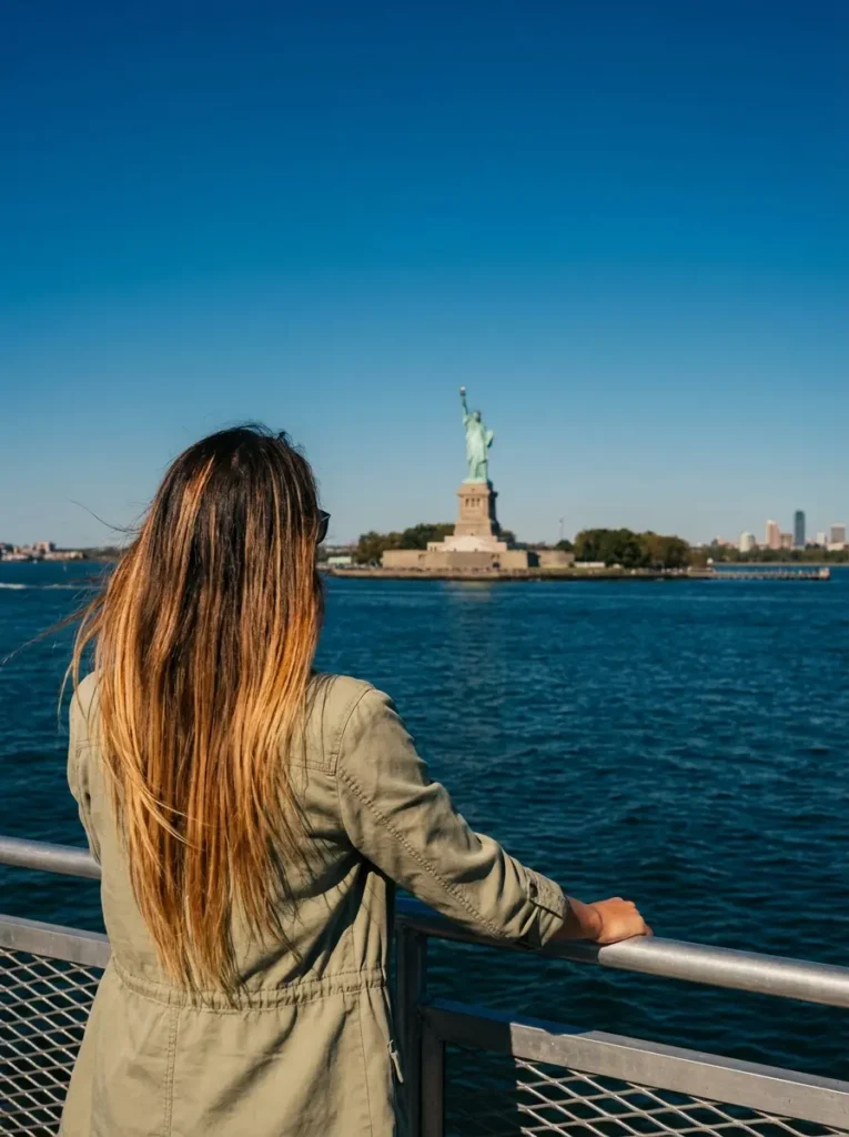 Woman on Statue of Liberty ferry looking toward the landmark, visiting New York City as a tourist