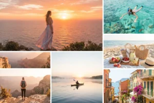 summer bucket list ideas collage featuring beach sunset, hiking in national park, snorkeling, and kayaking