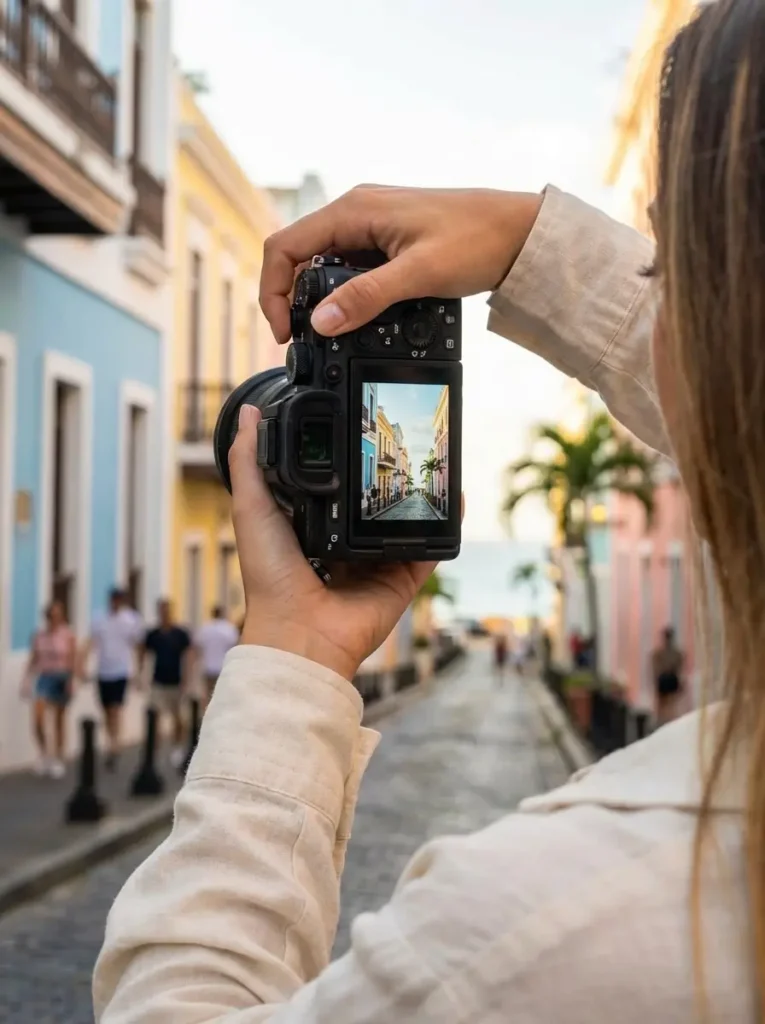 Photographer holding a mirrorless camera on a colorful street in Puerto Rico
