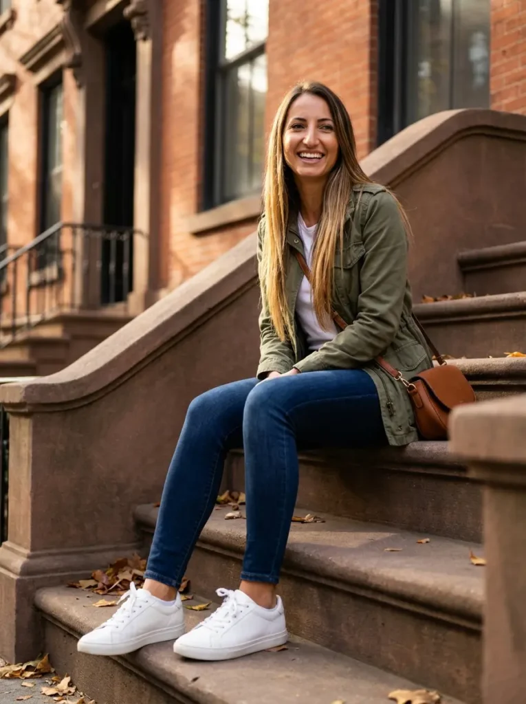 Woman with crossbody travel bag sitting on New York City brownstone steps, packing tips for NYC trip