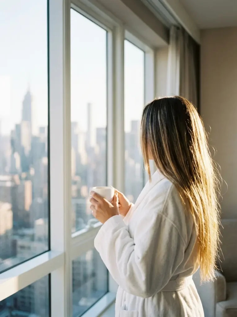 Woman with coffee looking at New York City skyline from hotel room window, where to stay in NYC guide