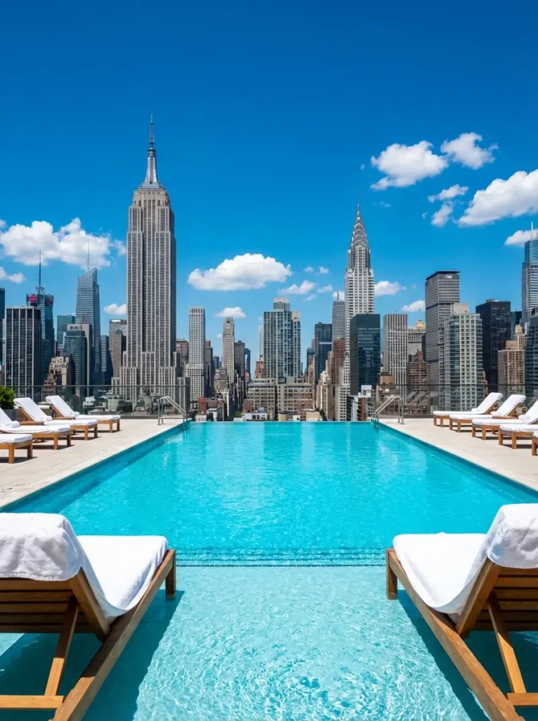 Rooftop infinity pool with Manhattan skyline view in Williamsburg Brooklyn, best hotels in New York City